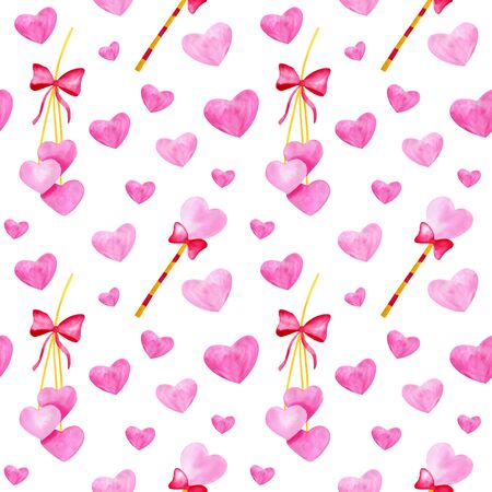 Watercolor red bow with pink hearts and fairy wand seamless pattern isolated on white background. Cute hand drawn love illustration for Saint Valentines Day, Birthday party, card, wrapping, textile.の写真素材