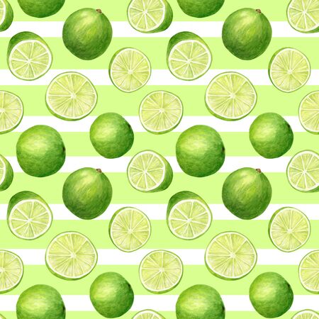 Watercolor lime seamless pattern. Hand drawn botanical illustration of citrus slices and fruit split on background with white and green stripes.の写真素材