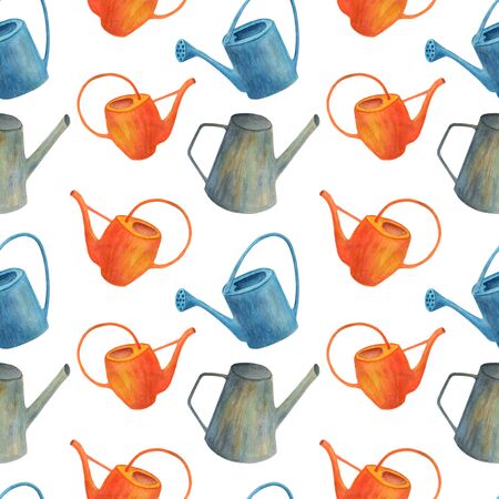 Watercolor watering can seamless pattern. Hand drawn cute gardening tools illustration isolated on white background. Texture for cards, design, wrapping paper, textileの写真素材