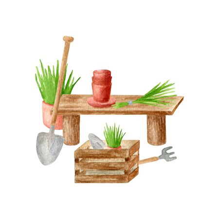 Watercolor cute gardening illustration. Hand drawn shovel, wood box with plant, seedling and herbs in flower pot and bunch jf grass on bench isolated on white. Spring, summer design for cardsの写真素材