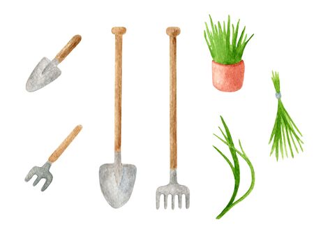 Watercolor gardening tools set. Hand drawn rake, shovel, trowel, bunch of grass, plant in flower pot isolated on white. Spring, summer clipart illustration for cards, decorationの写真素材