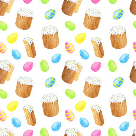 Watercolor traditional Easter cake and colored eggs seamless pattern. Hand drawn illustration isolated on white background for cards, decoration, posters, holiday design, wrapping.の写真素材