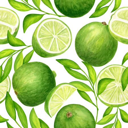 Watercolor lime with leaves seamless pattern. Hand painted fresh green citrus fruit illustration isolated on white background for textile, package, wrapping, cards, decoration.の写真素材