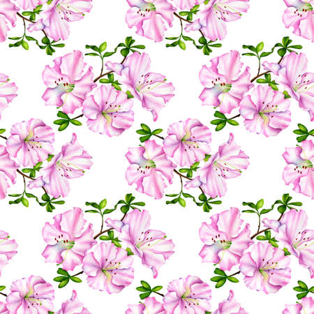 Watercolor seamless pattern with pink Rhododendron flower and leaves. Hand drawn botanical illustration of azalea isolated on white background. Arrangement for cards, textile, invitation, decoration.の写真素材