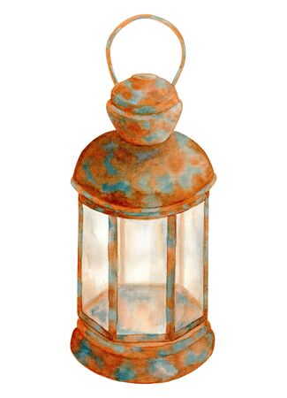 Watercolor old rusty lamp. Hand drawn vintage kerosene lantern isolated on white background. llustration with pitted texture. Rustic element for cards, posters, decoration, Halloween party design.の写真素材