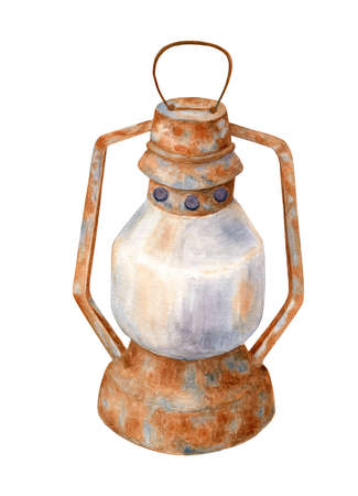 Watercolor old rusty lamp. Hand drawn vintage kerosene lantern isolated on white background. llustration with pitted texture. Rustic element for cards, posters, decoration, Halloween party designの写真素材