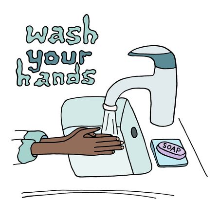 Washing hands with soap. Personal hygiene concept. Coronavirus prevention, desinfection. Hands under water tap isolated on white background. Colored cartoon vector illustration for poster, sign, iconのイラスト素材