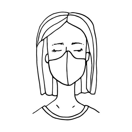 Woman wearing face mask. Hand drawn vector doodle person in medical mask. Coronavirus protection, covid-19 disease prevention concept. Protective masks respirators for healthcare.のイラスト素材