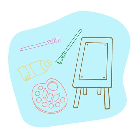 Art supplies vector illustration. Hand drawn easel, brushes, palette and color tube on blue background. Outline colored doodle tools for painting. Time for hobby concept.のイラスト素材