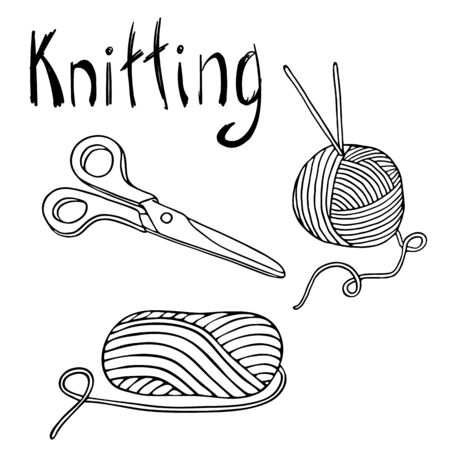 Outline vector knitting set. Ball of yarn, knitting needles and scissors. Hand drawn doodle elements for hand made branding identity, business cards, banners, decoration. Hobby and handmade supplies.のイラスト素材