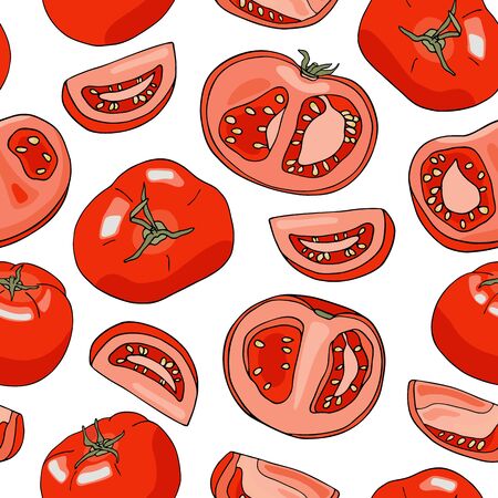 Vector red tomatoes seamless pattern. Hand drawn whole, sliced and half cut fresh tomato vegetables isolated on white background. Food ingredients cartoon texture for package, menu, recipeのイラスト素材