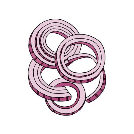 Cut red onions vector illustration. Hand drawn composition with purple rings and slices of onion. Fresh ingredients arrangement. Allium cepa cartoon drawing for recipe book, banner, decorationのイラスト素材