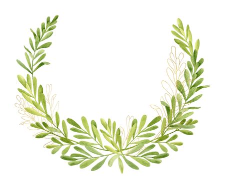 Watercolor green and golden glitter contour leaves wreath. Hand drawn semicircle frame template with tea tree plant isolated on white background. Painted herbs for cosmetic, invitation, card, weddingの写真素材
