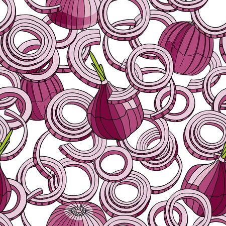 Outline red onion vector seamless pattern. Hand drawn purple colored bulb, rings and slices of onion. Fresh ingredients cartoon drawing for package, menu, kitchen decoration.のイラスト素材