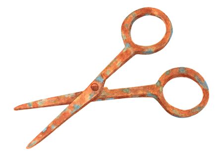 Watercolor old rusty scissors. Hand drawn vintage illustration isolated on white background for decoration, books, posters, printingの写真素材