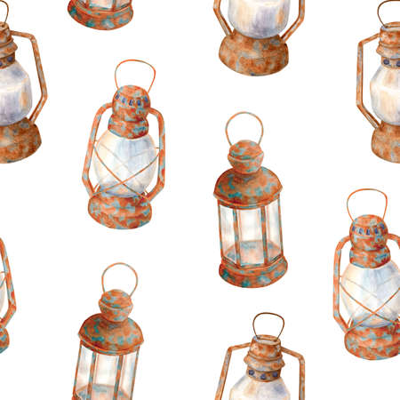Watercolor old rusty lamps seamless pattern. Hand drawn vintage kerosene lanterns isolated on white background. llustration with pitted texture. Design for cards, decoration, Halloween party design.の写真素材
