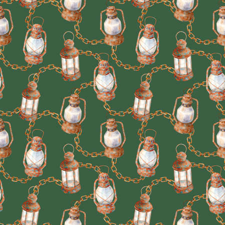 Watercolor vintage seamless pattern. Old lanterns and heavy rusty chains on dark green background. Kerosene lamps with brown chain links. Ttexture design for wrapping paper, decoupage, decoration.の写真素材
