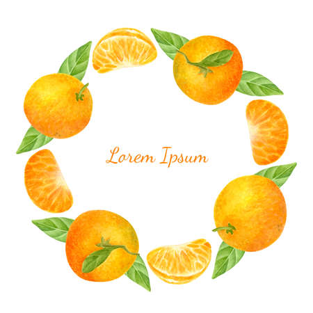 Watercolor wreath with tangerines. Hand painted round citrus frame isolated on white background....