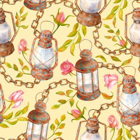 Watercolor vintage seamless pattern with old lamps, chain, leaves and roses. Shabby chic style drawing kerosene lanterns, dry flowers on pastel yellow background. Design for decoupage, wrapping, card.の写真素材