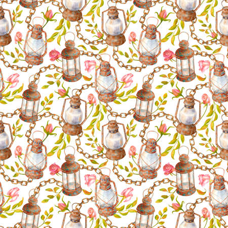 Watercolor seamless pattern in vintage style. Floral elements, chain and old kerosene lamps. Hand painted lanterns, dry rose flowers, leaves isolated on white background for wrapping, cards, paperの写真素材