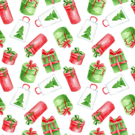 Watercolor colorful red and green Christmas gift boxes seamless pattern. Hand drawn cute presents...