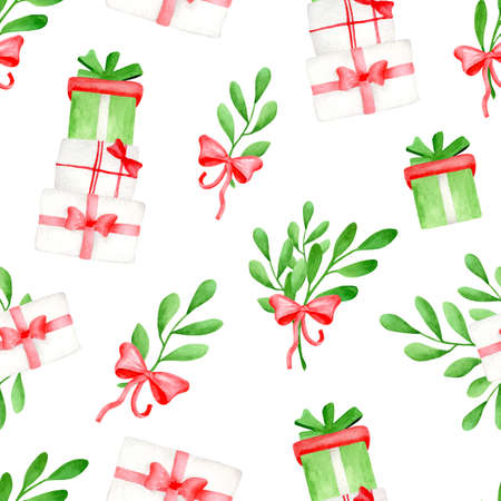 Watercolor Christmas seamless pattern with mistletoe leaves, ribbon with bow and gift boxes. Hand...