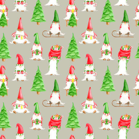 Watercolor seamless pattern with Christmas gnomes. Hand drawn cute winter elves with christmas tree, sleigh, candy cane. Scndinavian characters isolated on white background for new year, noel, xmas.の写真素材