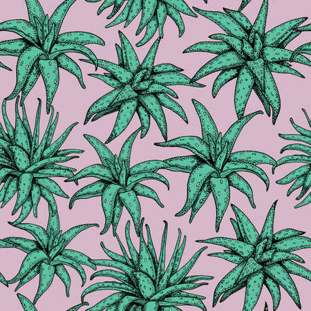 Aloe vera vector seamless pattern. Hand drawn green leaves on pink background. Muted color succulent drawing. Vintage botanical illustration. Trendy floral design for textile, wrapping, package.のイラスト素材