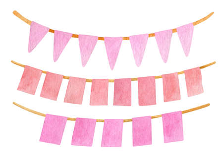 Watercolor party garlands. Hand painted pink Birthday flags hanging set. Cute decoration with copy space isolated on white background. Happy Birthday clipart for kids, girls.の写真素材