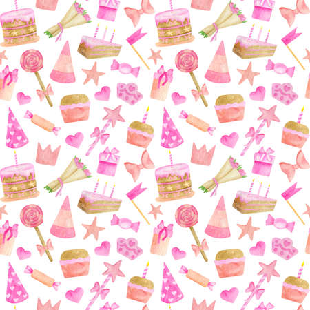 Watercolor kids party seamless pattern. Hand drawn cute pink design with cake wth candles, party hat, candy, gift box, flower bouquet, flag, lollipop, ribbon bow. Happy Birthday background for girls.の写真素材