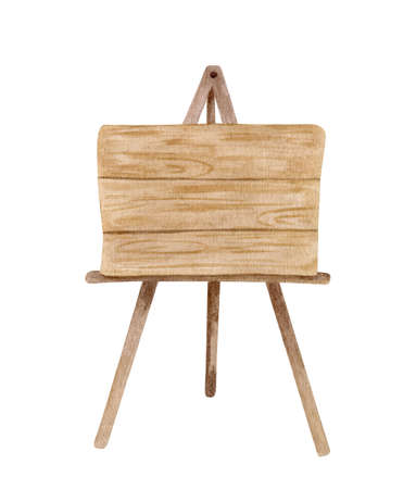 Watercolor wooden easel illustration. Hand painted wood board on stand isolated on white background. Empty signboard with texture. Rustic natural eco design for wedding, cards, invitationの写真素材