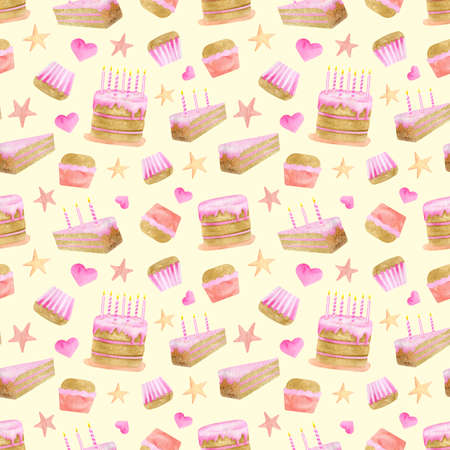 Watercolor Birthday cake seamless pattern. Hand painted biscuit cake with pink glaze and candles, hearts and stars on pastel yellow background. Girls birthday party illustration with cute dessertsの写真素材