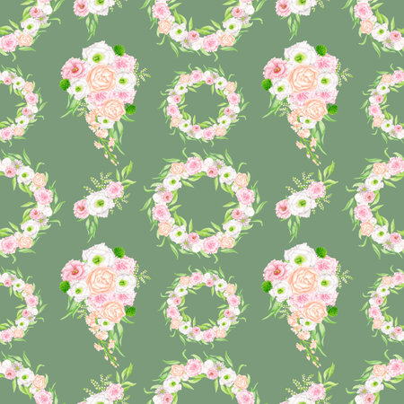 Watercolor floral seamless pattern with elegant bouquets. Blush and white flowers on green background. Repeated botanical print. Design for fabrics, textile, wallpaper, wrapping, scrapbook paperの写真素材