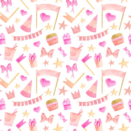 Watercolor kids party seamless pattern. Hand drawn cute pink design with cake, party hat, candy, gift box, paper flag, garland, ribbon bow isolated on white. Happy Birthday background for girlsの写真素材