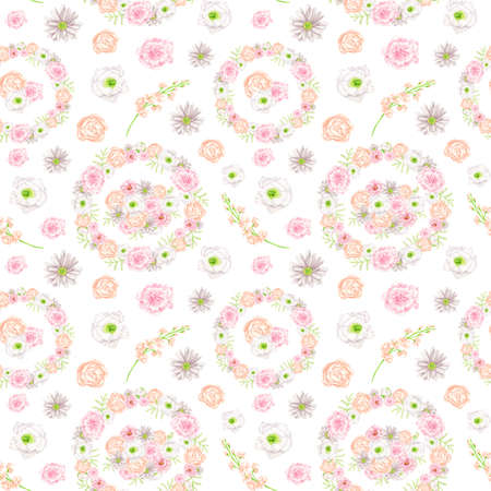 Watercolor seamless pattern with flowers and floral wreaths. Elegant pink eustoma, peach colored...
