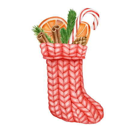 Watercolor Christmas sock decor illustration. Hand painted red knitted stocking with dried oranges,...