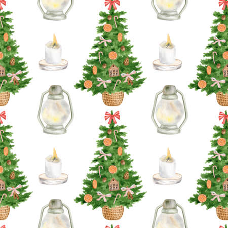 Watercolor Christmas seamless pattern. Hand painted decorated christmas tree, lanterns and burning candles isolated on white background. New year festive repeated design for wrapping paper, textileの写真素材