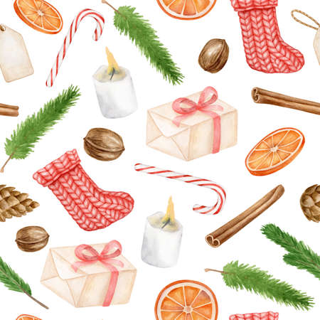 Watercolor Christmas seamless pattern. Hand drawn christmas sock, candle, candy cane, walnut, fir branch, gift box, dry orange isolated on white background. Vintage Christmas decor illustrationの写真素材