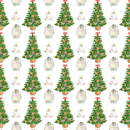 Watercolor Christmas seamless pattern. Hand painted decorated christmas tree, lanterns and burning candles isolated on white background. New year festive repeated design for wrapping paper, textileの写真素材