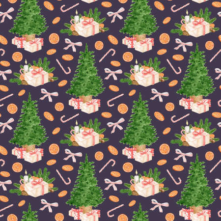 Watercolor Christmas seamless pattern. Hand painted christmas tree with gift boxes, candy cane,...
