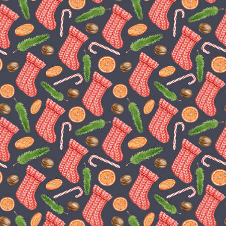 Watercolor Christmas seamless pattern. Hand drawn red christmas socks, candy cane, walnut, fir...