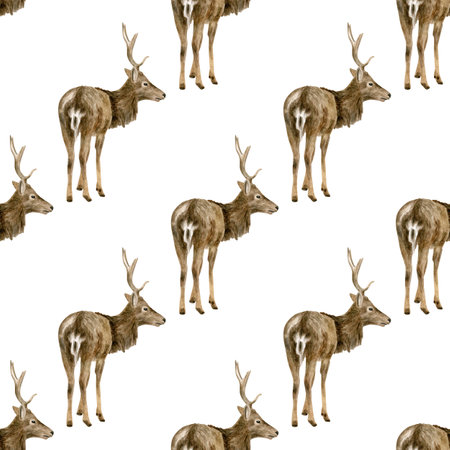 Watercolor deer seamless pattern. Hand drawn realistic buck deer with antlers isolated on white background. Repeated illustration for fabric, wallpaper, printの写真素材