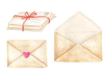 Watercolor envelope drawing set. Hand painted craft paper letters illustration. Vintage postal...