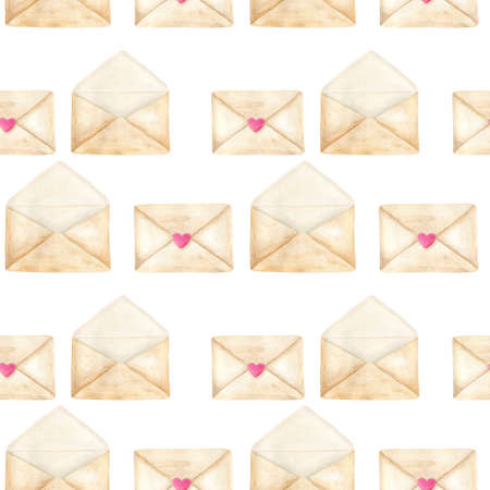 Watercolor envelopes seamless pattern. Hand drawn craft paper letters background. Vintage postal illustration isolated on white. Love mail, romantic design for fabrics, print, cards, wallpaperの写真素材