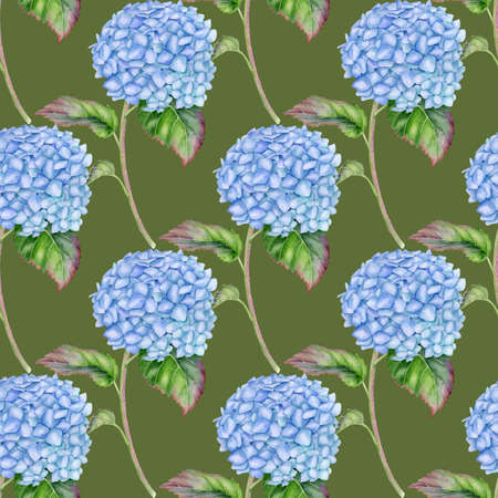 Watercolor Hydrangea seamless pattern. Hand painted blue Hortensia flower with leaves and stem on green background. Flowering plant repeated design for wallpaper, package, fabrics, textileの写真素材