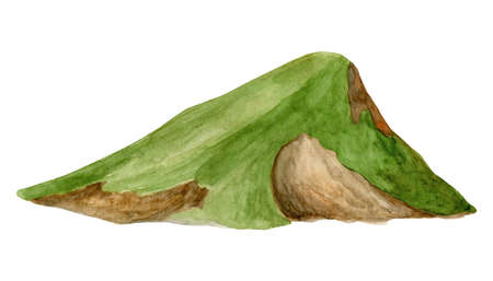 Watercolor green mountains illustration. Hand drawn hill isolated on white background. Summer peak landscape. Nature design for hiking, travel, printing, wall art, cards, decor, wedding invitationの写真素材