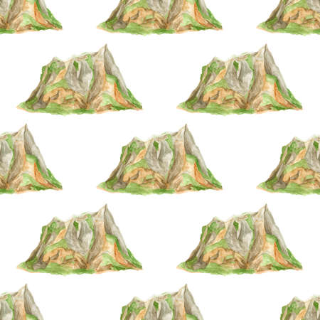 Watercolor mountains seamless pattern. Hand painted high green mountain range background. Summer landscape isolated on white. Spring nature repeated tile design for fabrics, wrapping, cardsの写真素材
