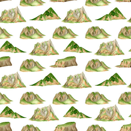 Watercolor mountain chain seamless pattern. Hand painted high green mountain range background. Summer landscape isolated on white. Spring nature repeated tile design for fabrics, wrapping, cardsの写真素材