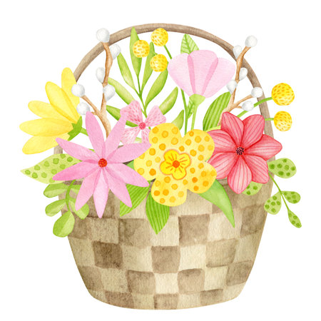 Watercolor basket with flowers illustration. Hand painted spring bouquet isolated on white background. Yellow and pink flower heads with leaves in wicker basketの写真素材