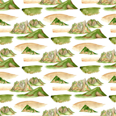Watercolor mountain range seamless pattern. Hand drawn high green mountains peaks background. Summer landscape isolated on white. Spring nature illustration design for textile, wrapping, cardsの写真素材